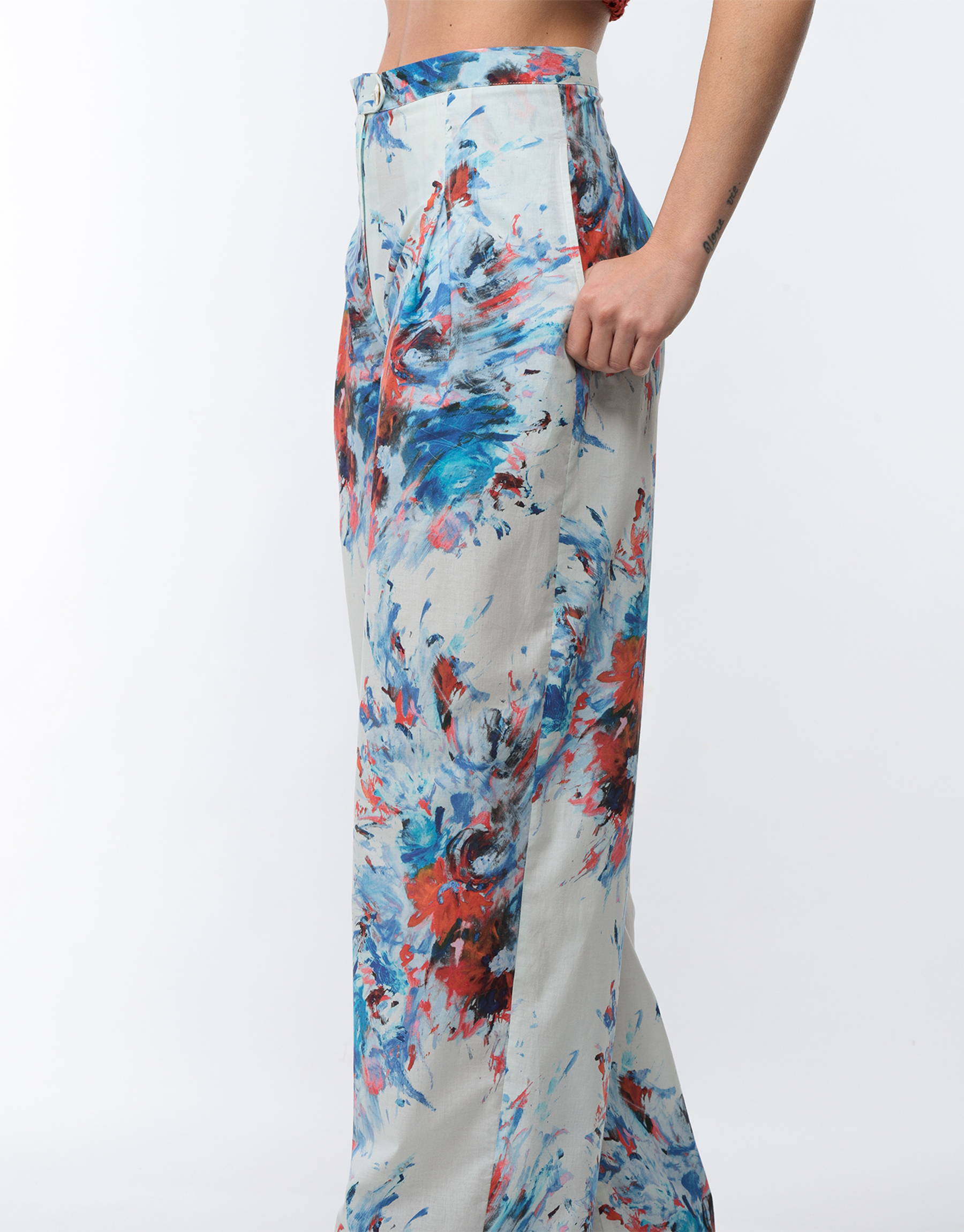 Floral printed cotton veil pleated trousers